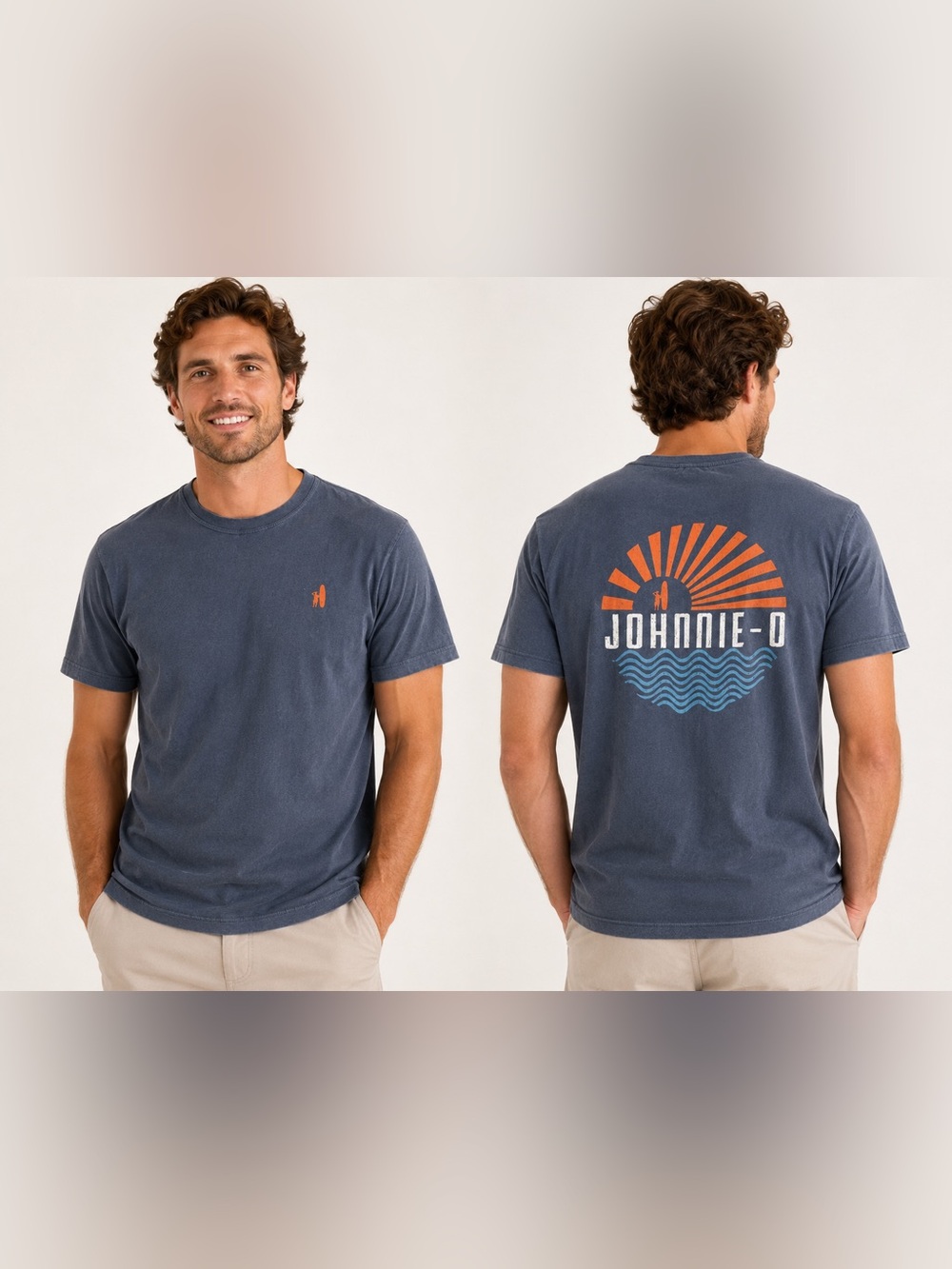 johnnie-O Sun & Waves Graphic Tee Men’s Small Wake Blue Surf Shirt NWOT